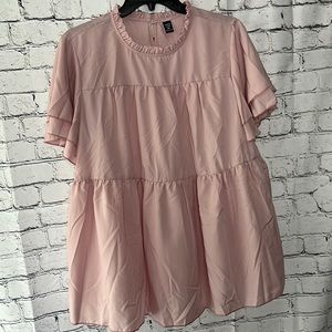 SHEIN Pink Frill Trim Keyhole Back Top